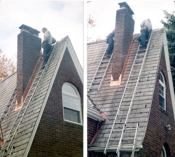 Reflashing a chimney on an asbestos roof.